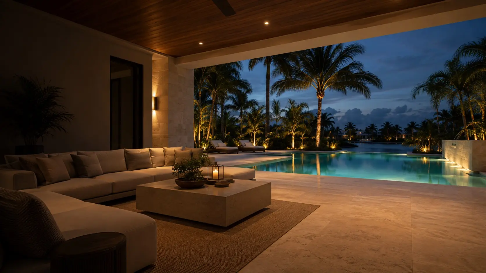 AI-generated covered lanai and pool at dusk